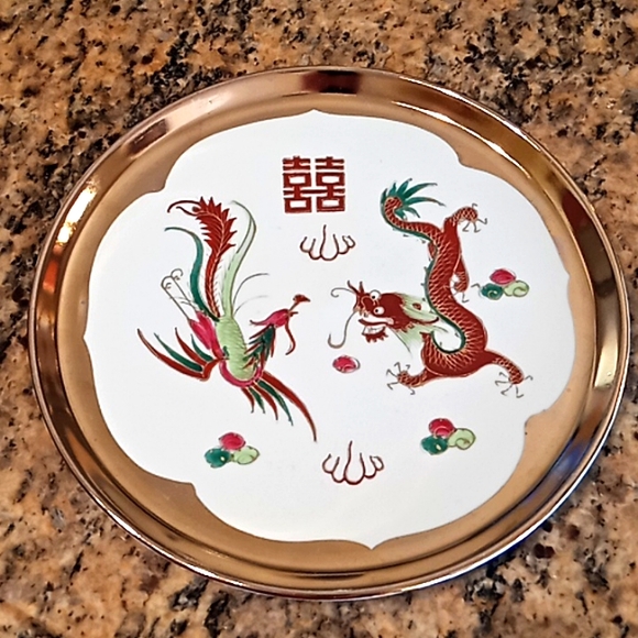 Vintage Chinese Porcelain Gold Colored Double Happiness Dragon & Phoenix Set. - Picture 10 of 16